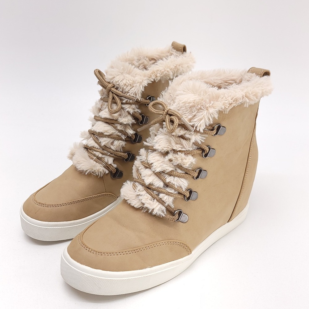 Brash Wedge Ankle Bootie Tan Faux Fur Trim Sneaker Womens Size 8‎